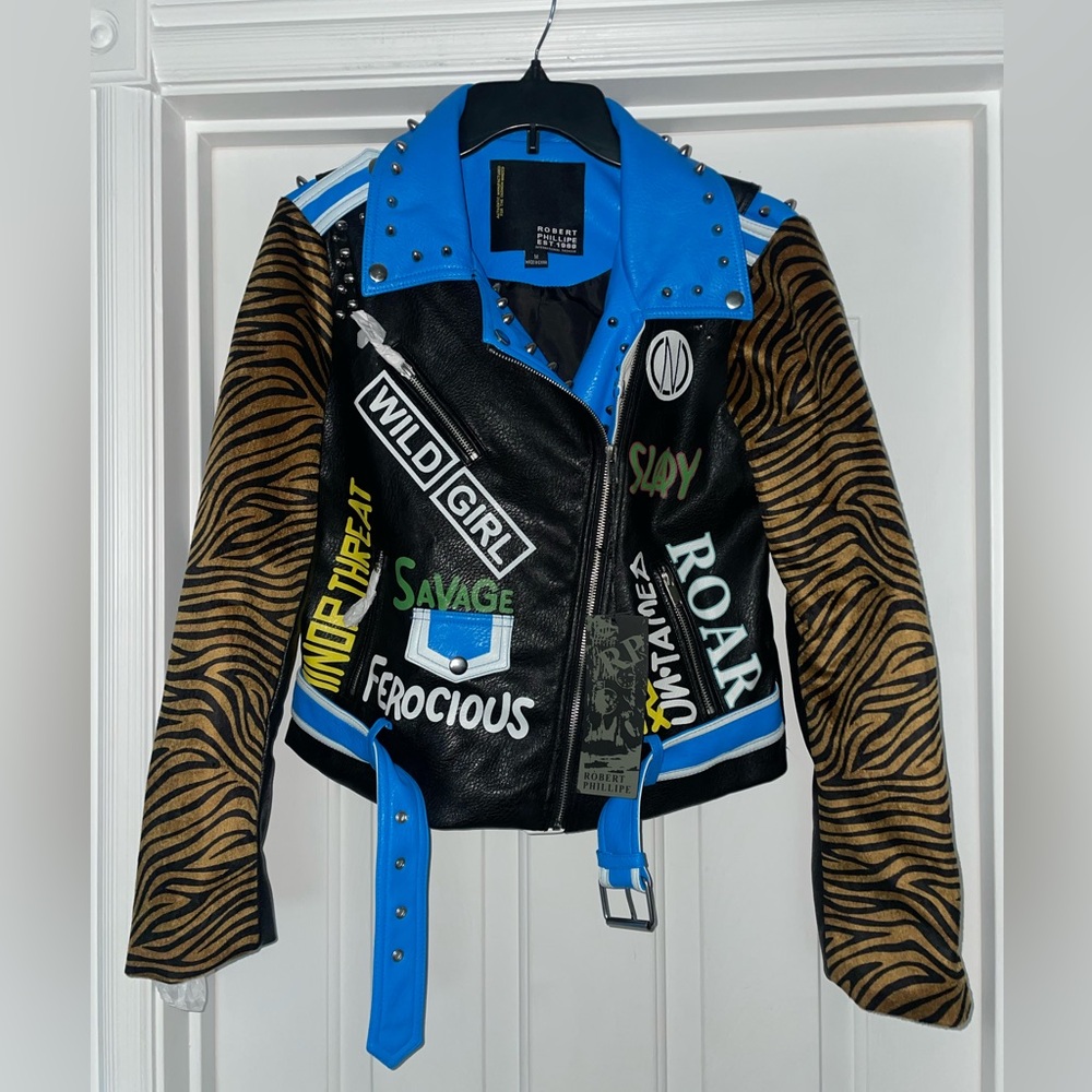 Robert Phillipe Womens Minor Threat Tiger Faux Leather Blue Jacket Sz M NWT $189